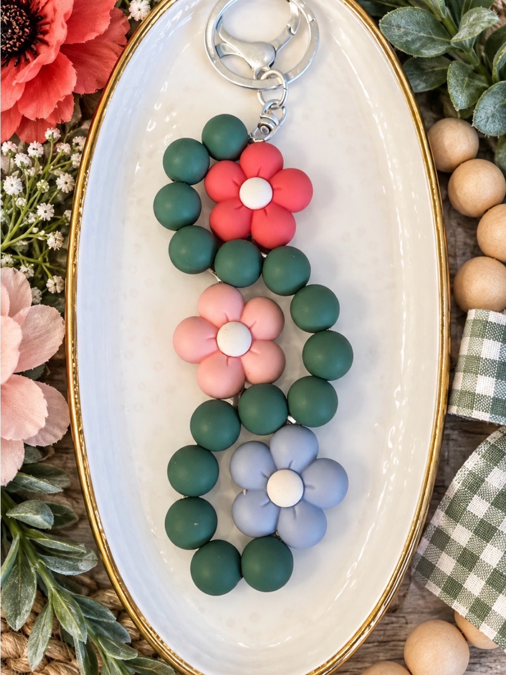 Hand Crafted Triple Floral Beaded Keychain